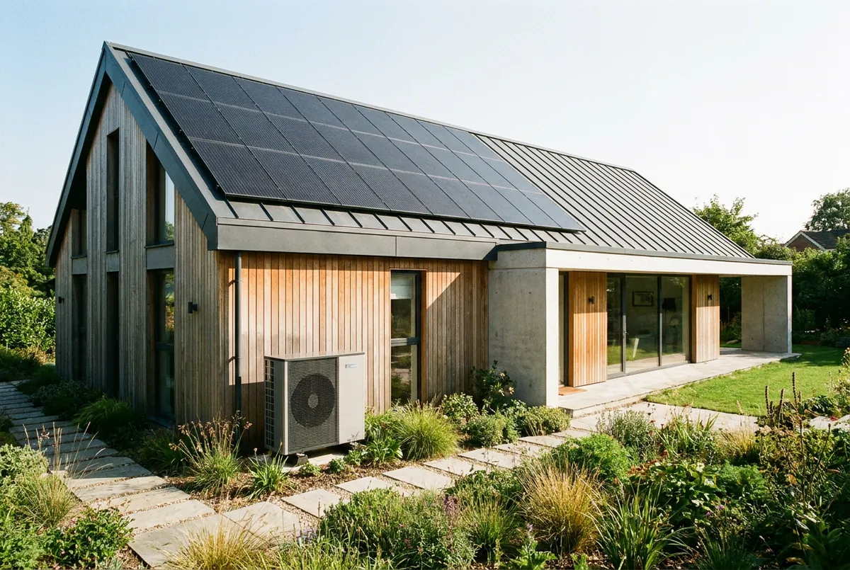 Modernes, energieeffizientes Haus mit Solaranlage und Garten