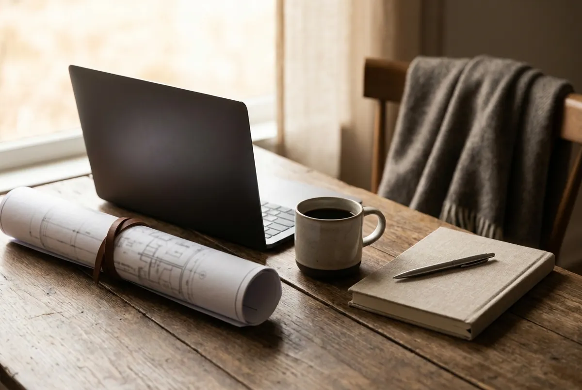 Tisch mit Bauplan, Laptop, Kaffee und Notizbuch